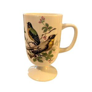 Vintage Bird Pedestal Footed Japan Coffee Mug Tea Cup White D Ring Handle